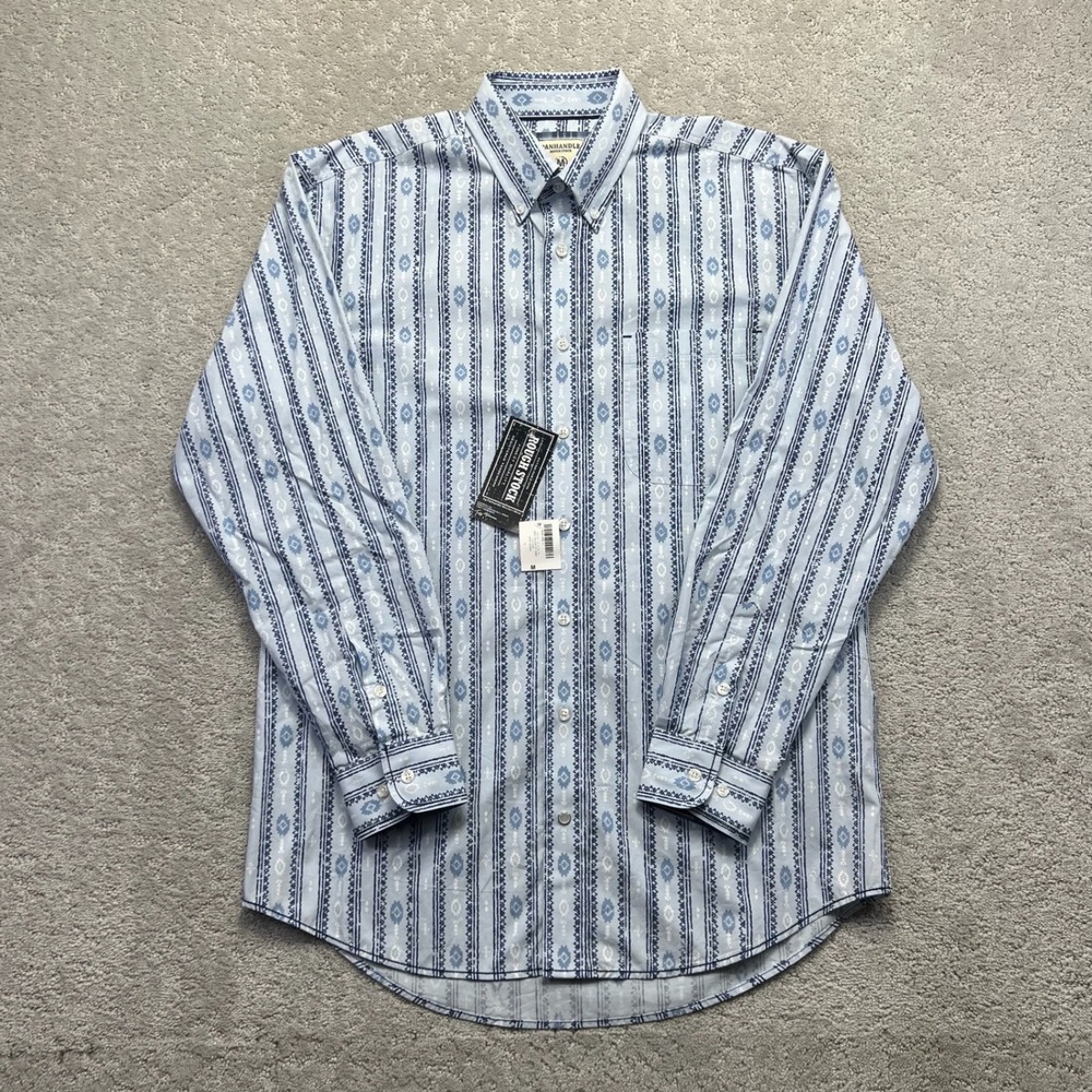 Panhandle Rough Stock Shirt Mens M Blue Geometric Stripe Long Sleeve Western NWT